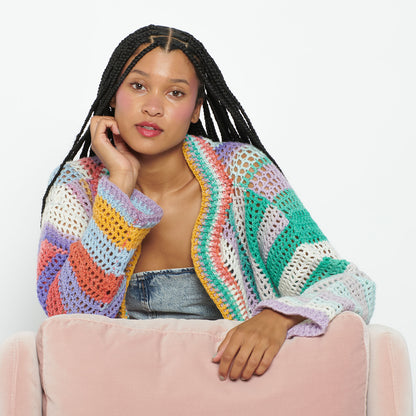 Caron Mitered Mesh Crochet Cardigan Crochet Cardigan made in Caron Skinny Cakes Yarn