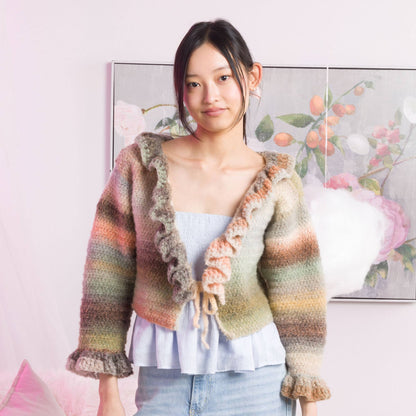 Caron Crochet Haze Ruffle Collar Cardigan Crochet Haze Ruffle Collar Cardigan made using Caron yarn
