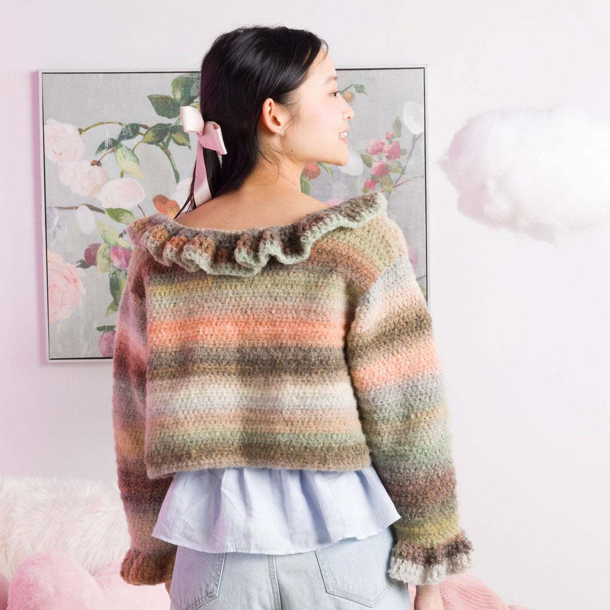Crochet Haze Ruffle Collar Cardigan made using Caron yarn