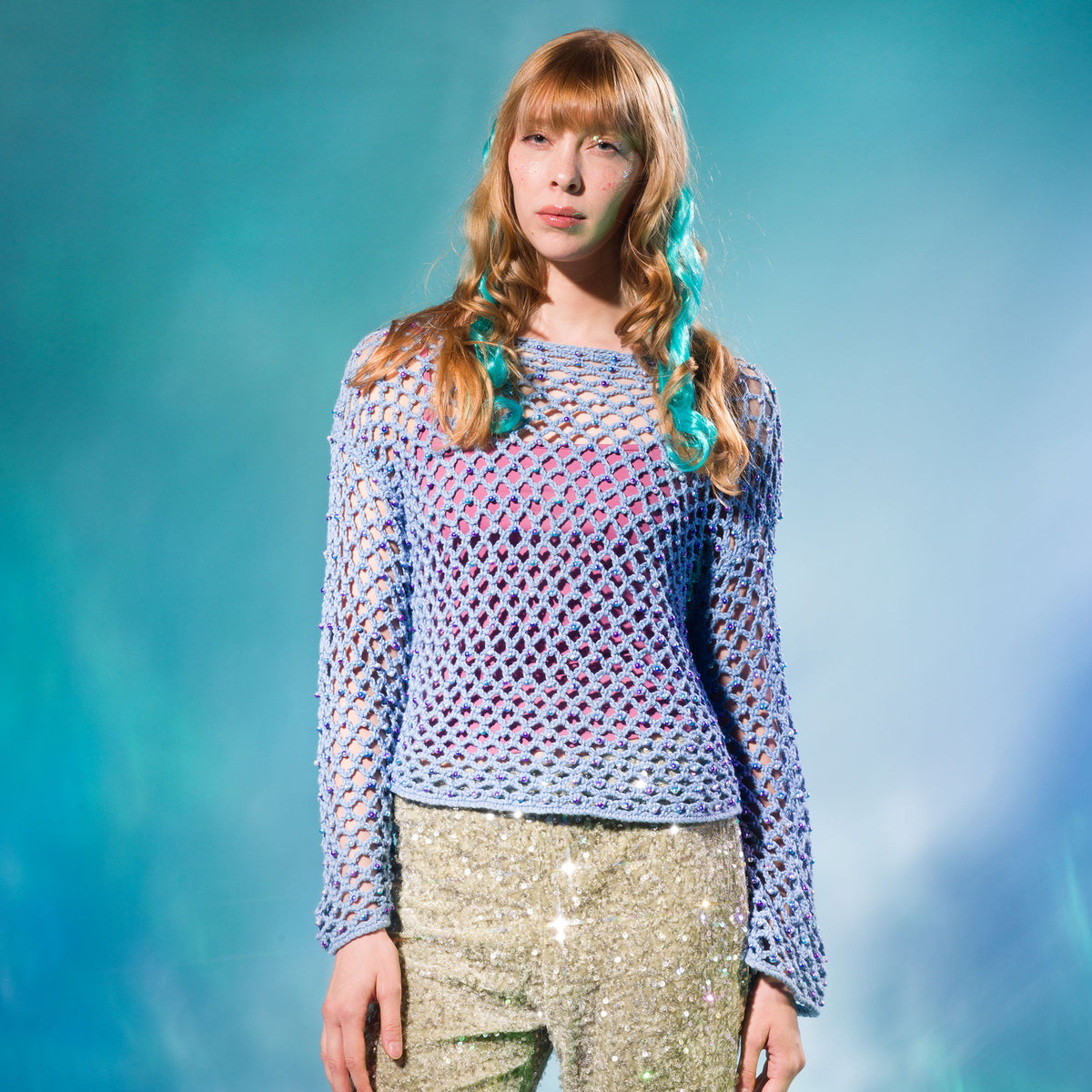 Glimmerwave Beaded Top made using Caron yarn