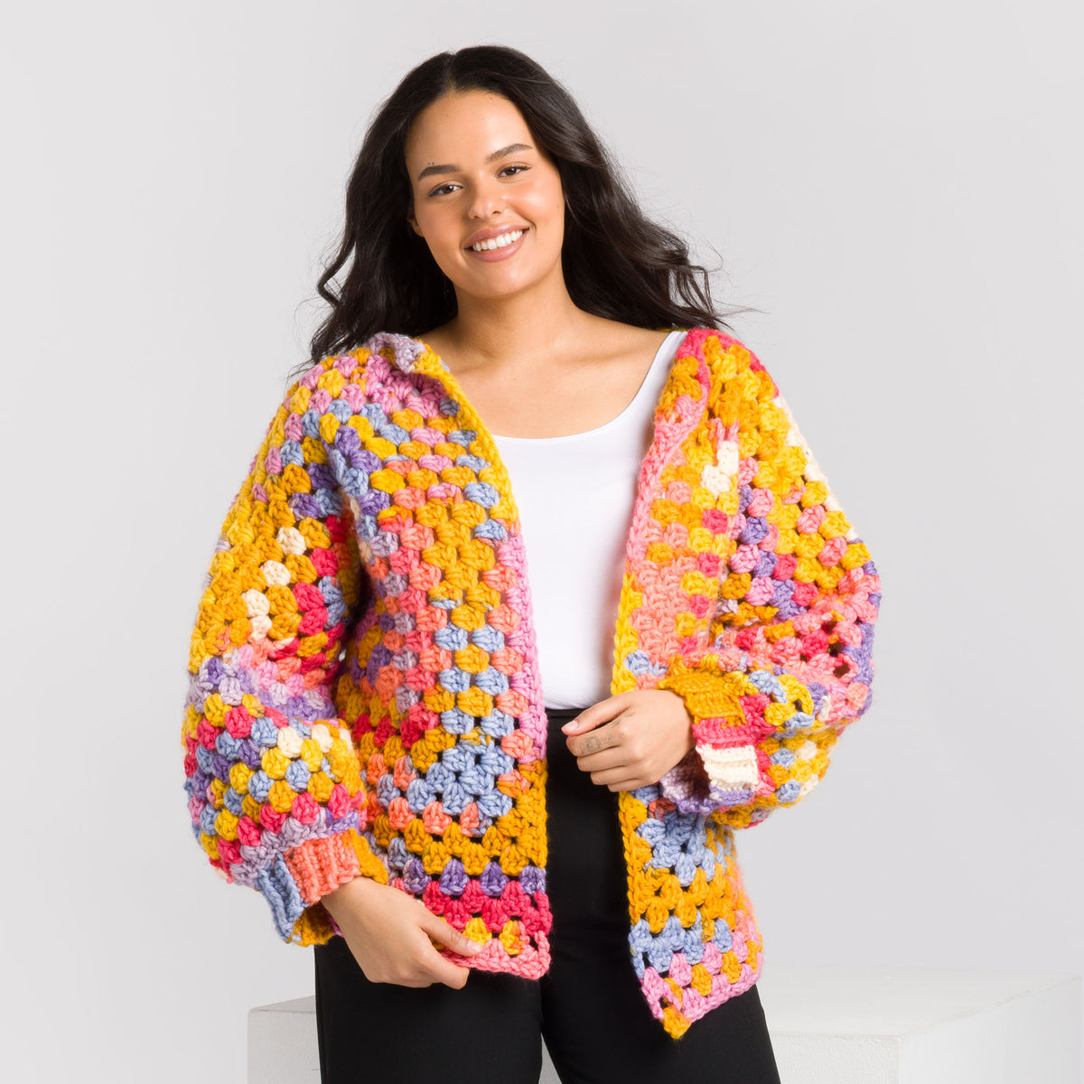 Crochet Hexi-Cardigan made using Caron yarn