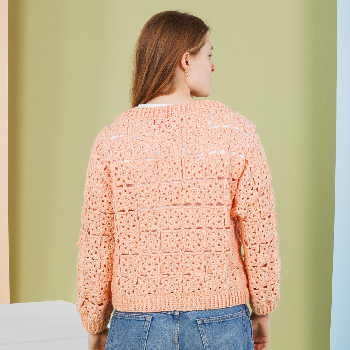 Crochet Lace Motif Pullover made using Caron yarn
