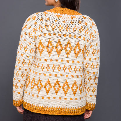 Caron Diamond Dancer Crochet Cardigan Diamond Dancer Crochet Cardigan made using Caron yarn in a styled lifestyle setting