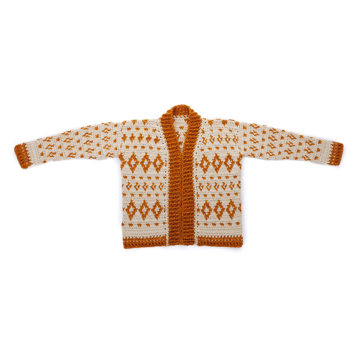 Diamond Dancer Crochet Cardigan made using Caron yarn on a white background