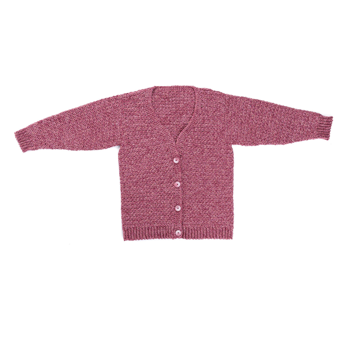 Simply Perfect Crochet Cardigan made using Caron yarn on a white background