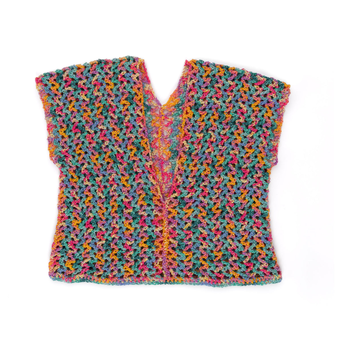 Crochet Side To Side Stripe Top made using Caron yarn on a white background