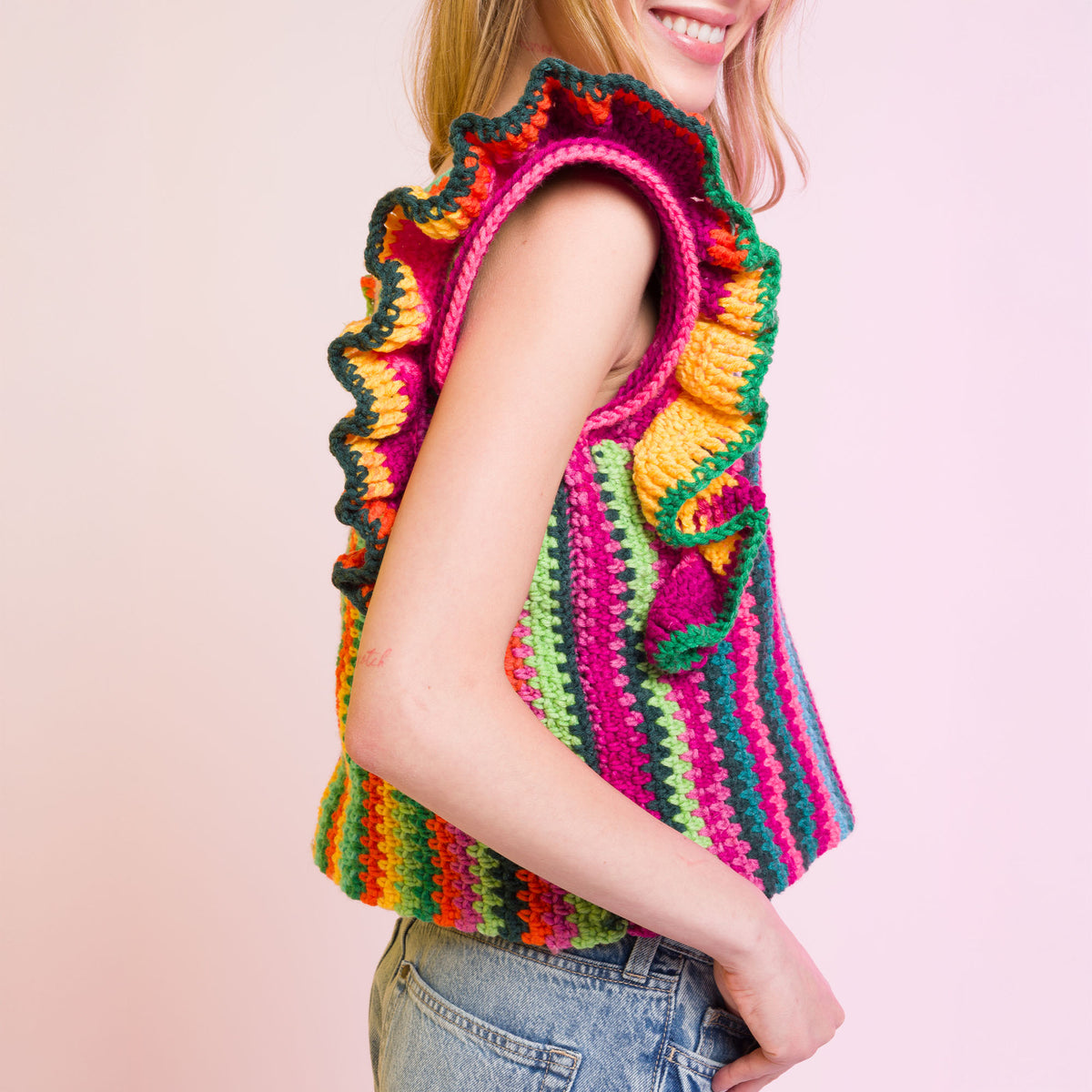 Ruffle Sleeve Striping Crochet Top made using Caron yarn in a styled lifestyle setting