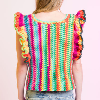 Caron Ruffle Sleeve Striping Crochet Top Ruffle Sleeve Striping Crochet Top made using Caron yarn in a styled lifestyle setting
