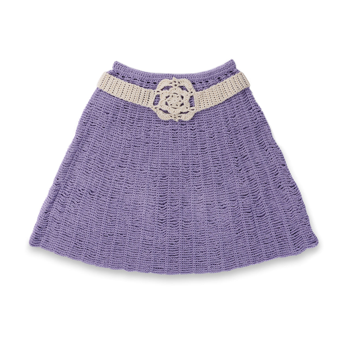 Crochet Lacy Days Skirt And Belt made using Caron yarn on a white background