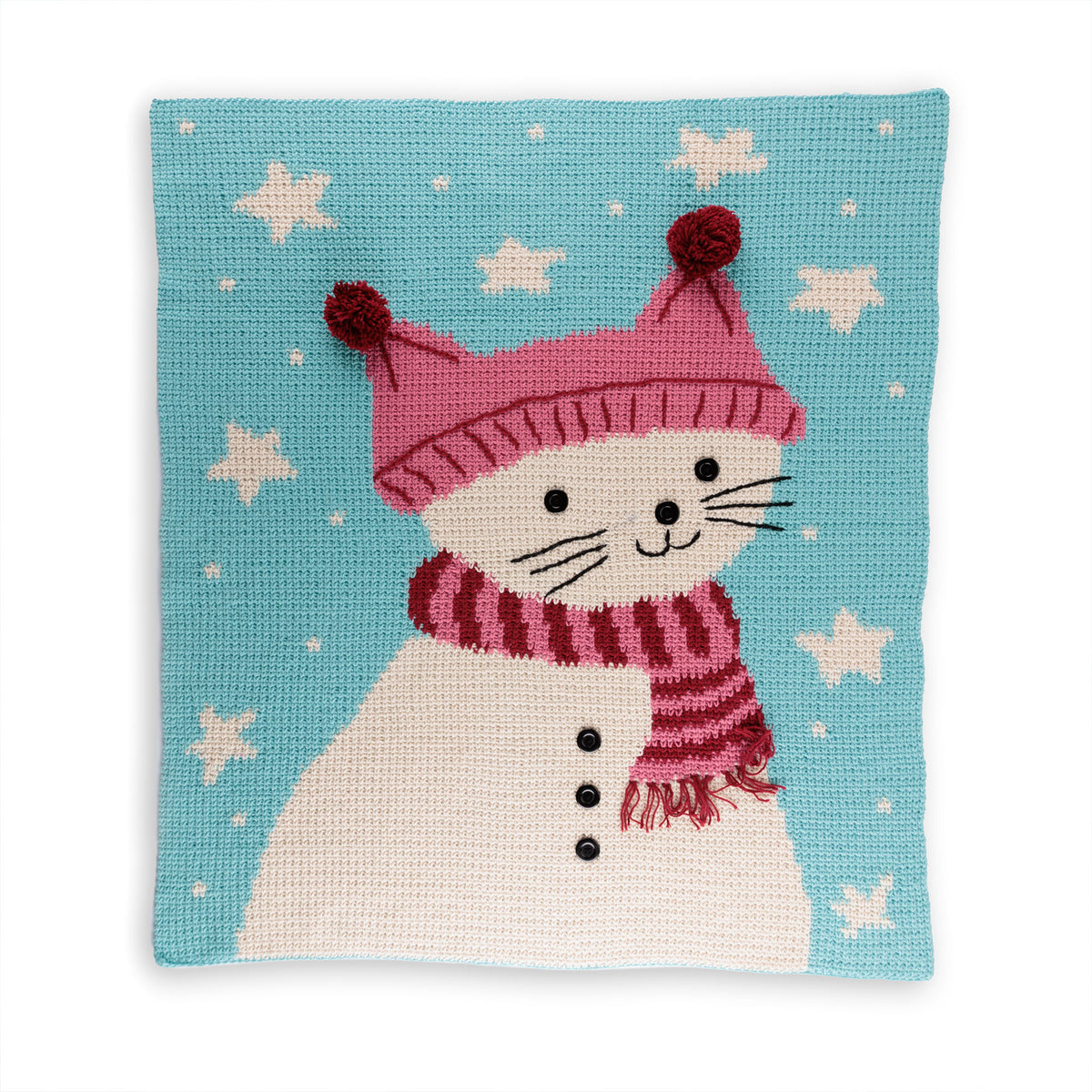 Feline Frosty Intarsia Crochet Blanket made using Caron yarn