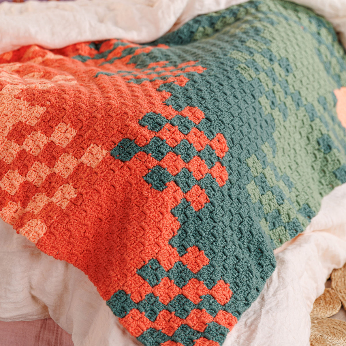 C2C Patchwork Crochet Blanket made using Caron yarn