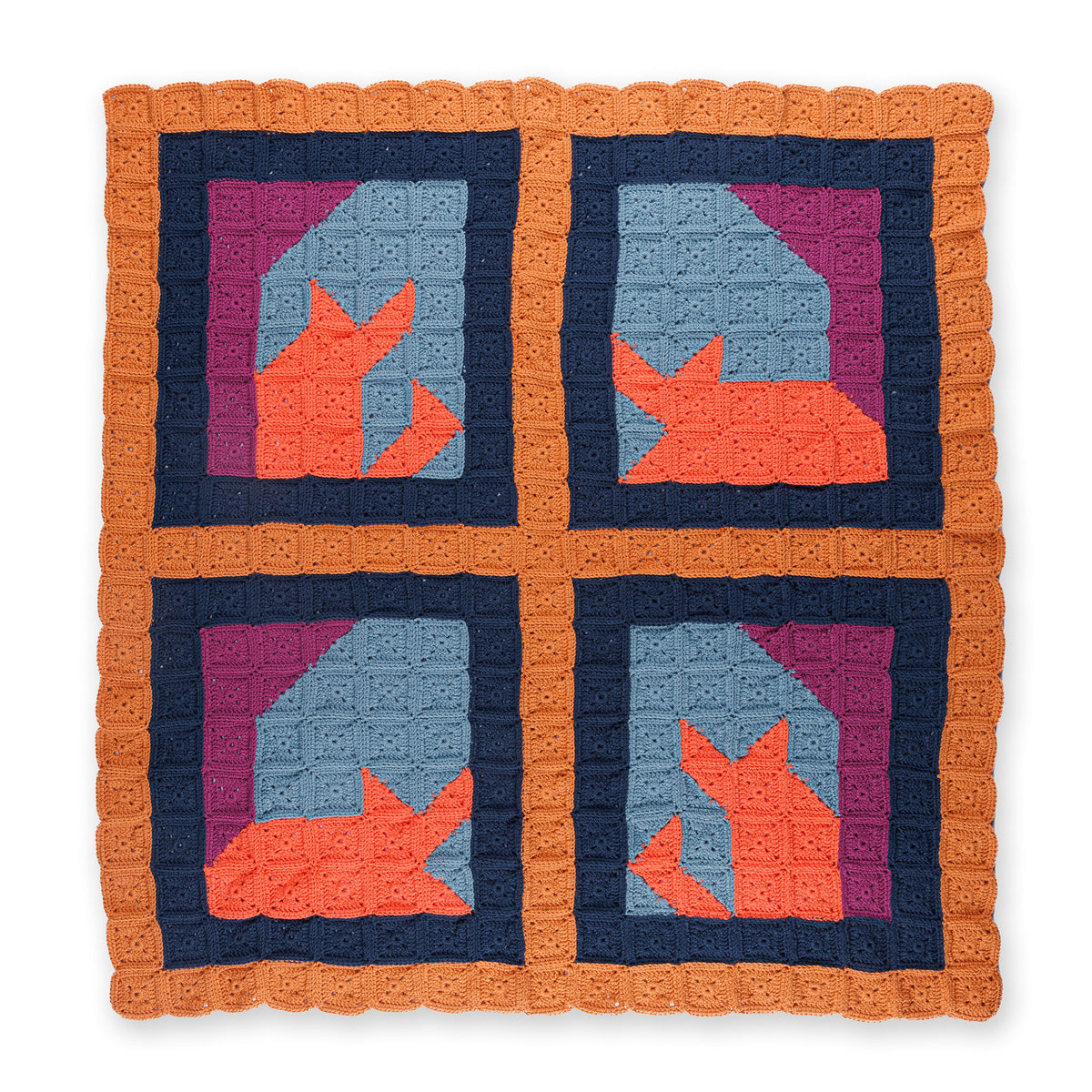 Crochet Feline Framework Quilt made using Caron yarn on a white background