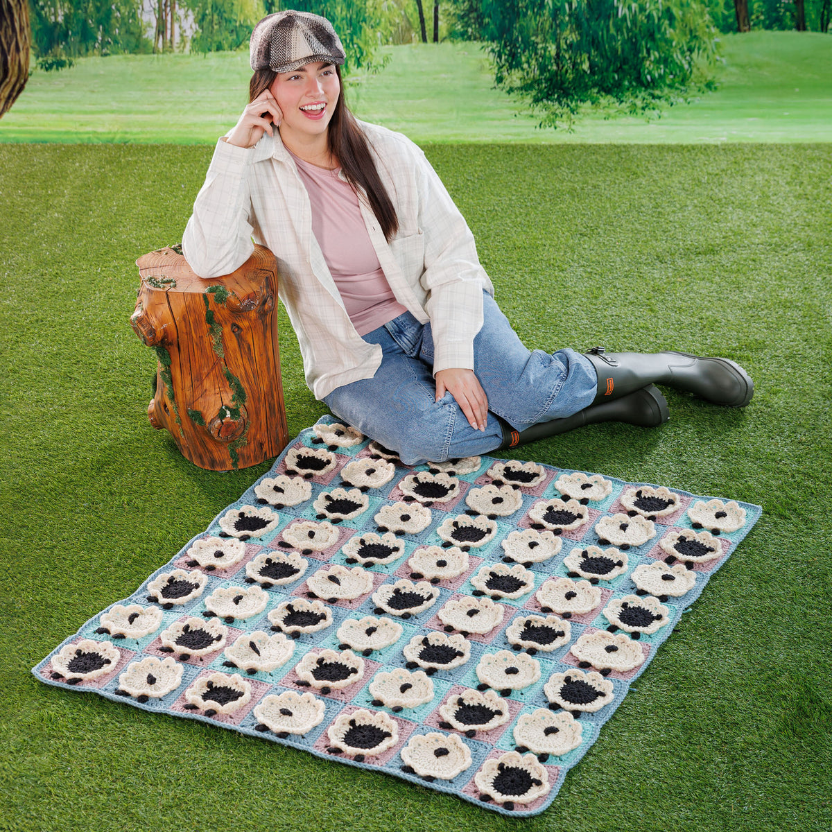Crochet Sheep Motif Blanket made using Caron yarn