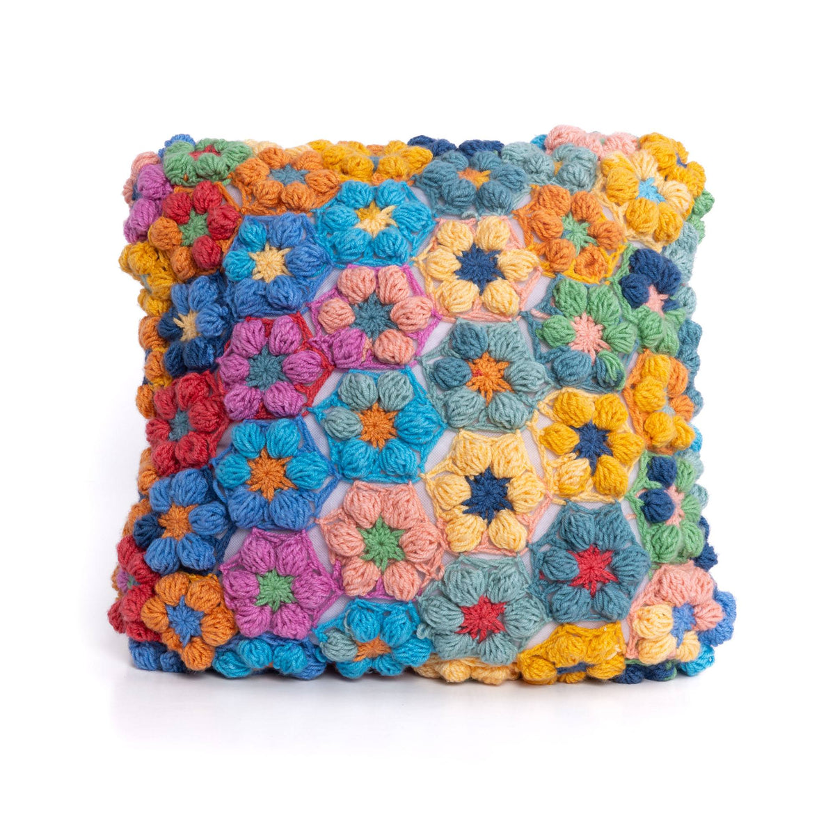 Crochet Field Of Flowers Pillow made using Caron yarn