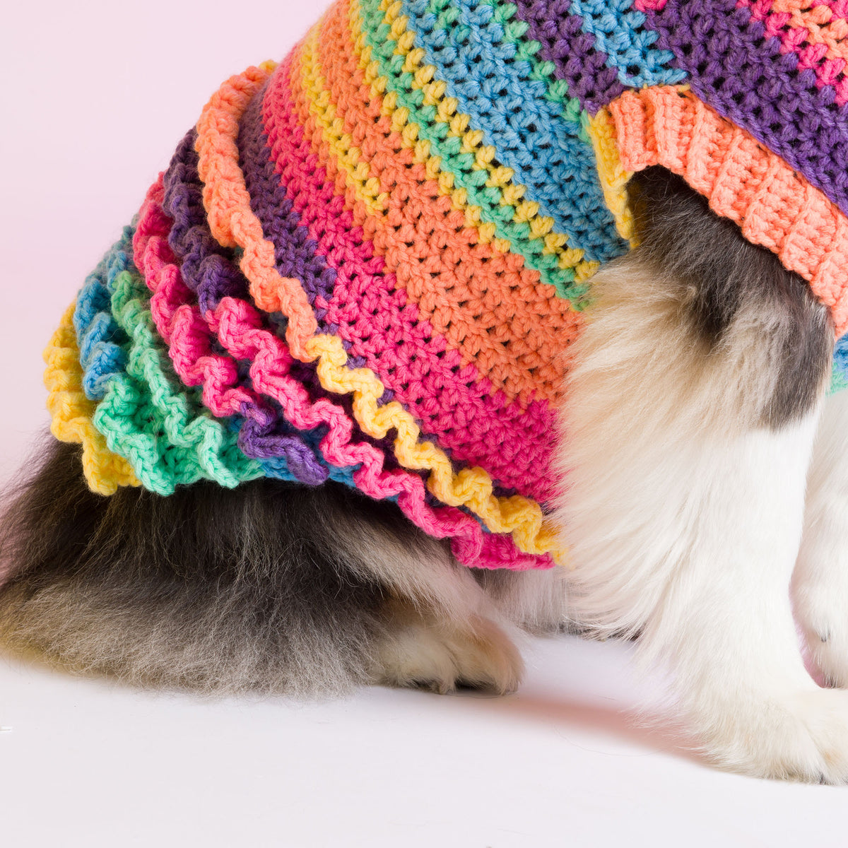 Ruffle Love Crochet Dog Coat made using Caron yarn
