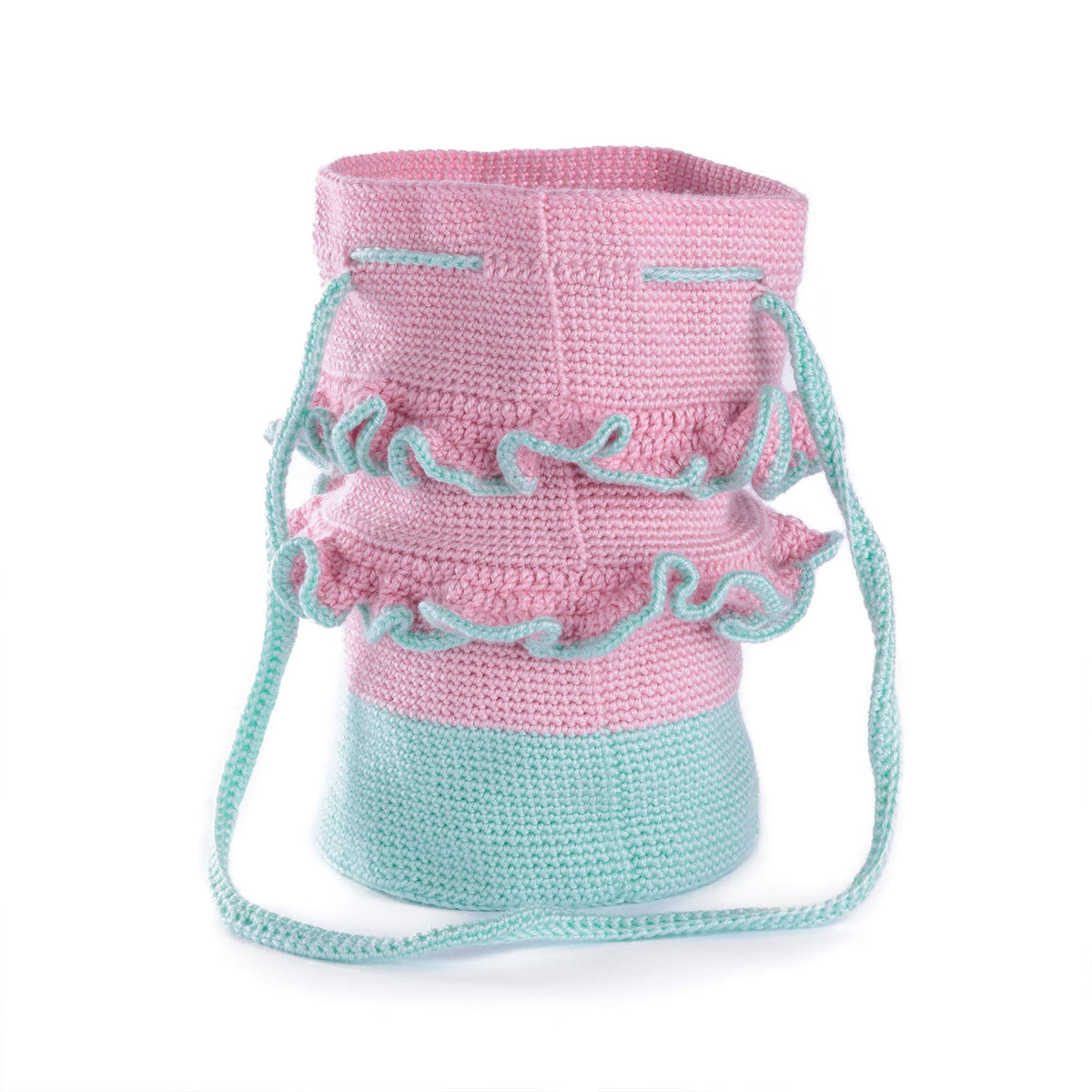 Crochet Frilly Bucket Bag made using Caron yarn