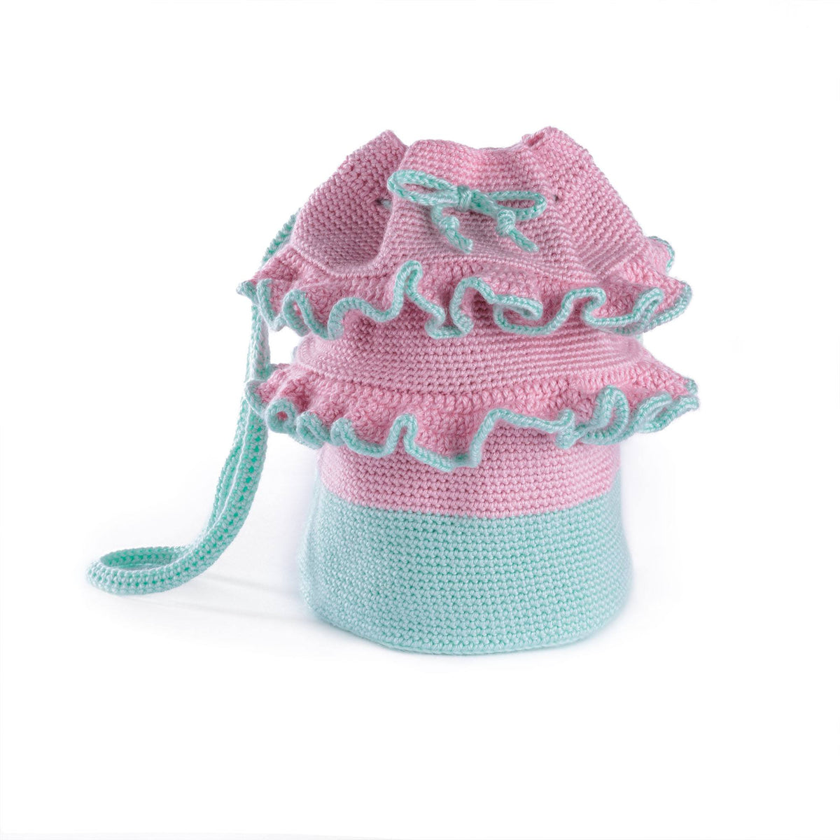 Crochet Frilly Bucket Bag made using Caron yarn