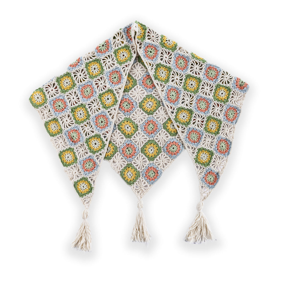 Summer Mode Crochet Triangle Shawl With Tassels made using Caron yarn in a styled lifestyle setting