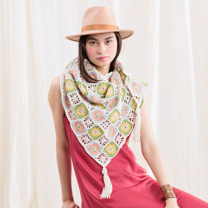 Caron Summer Mode Crochet Triangle Shawl with Tassels Summer Mode Crochet Triangle Shawl With Tassels made using Caron yarn in a styled lifestyle setting