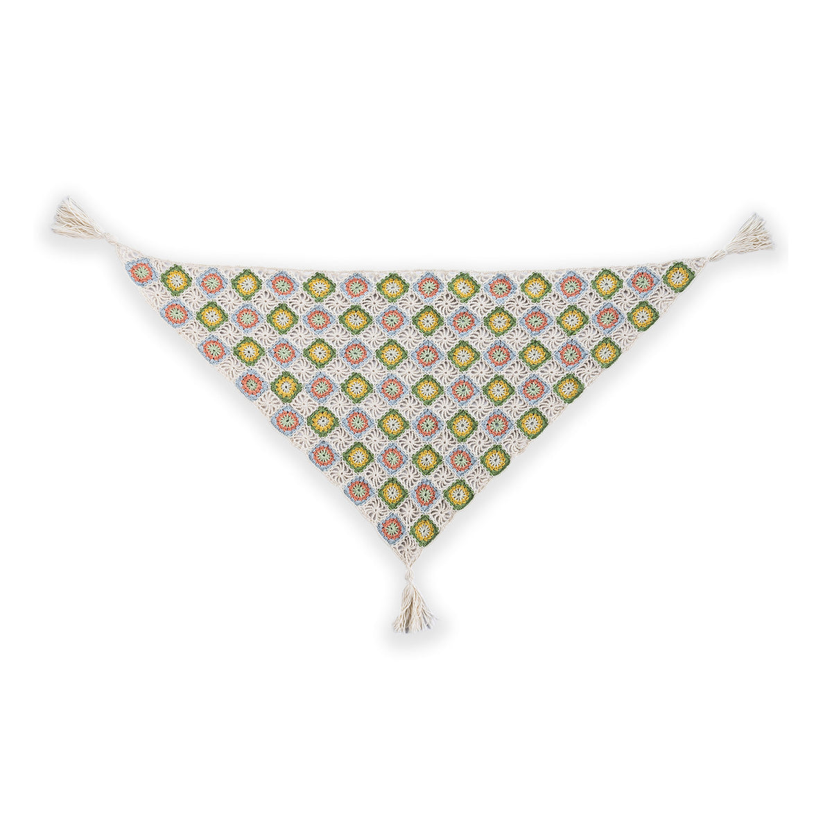 Summer Mode Crochet Triangle Shawl With Tassels made using Caron yarn on a white background