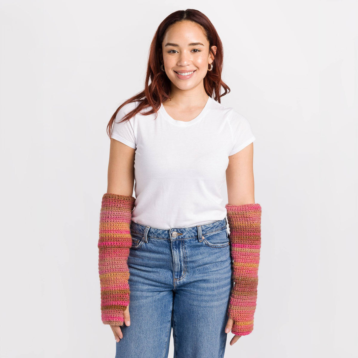 Crochet Elbow Length Wrist Warmers made using Caron yarn