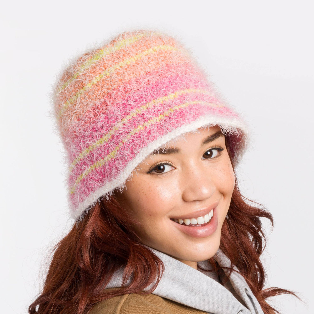 Crochet Cold Weather Bucket Hat made using Caron yarn