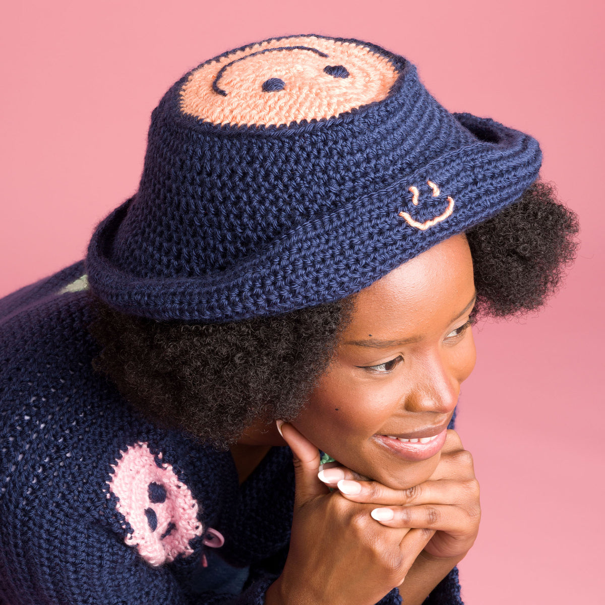 Crochet Bright Smile Bucket Hat made using Caron yarn