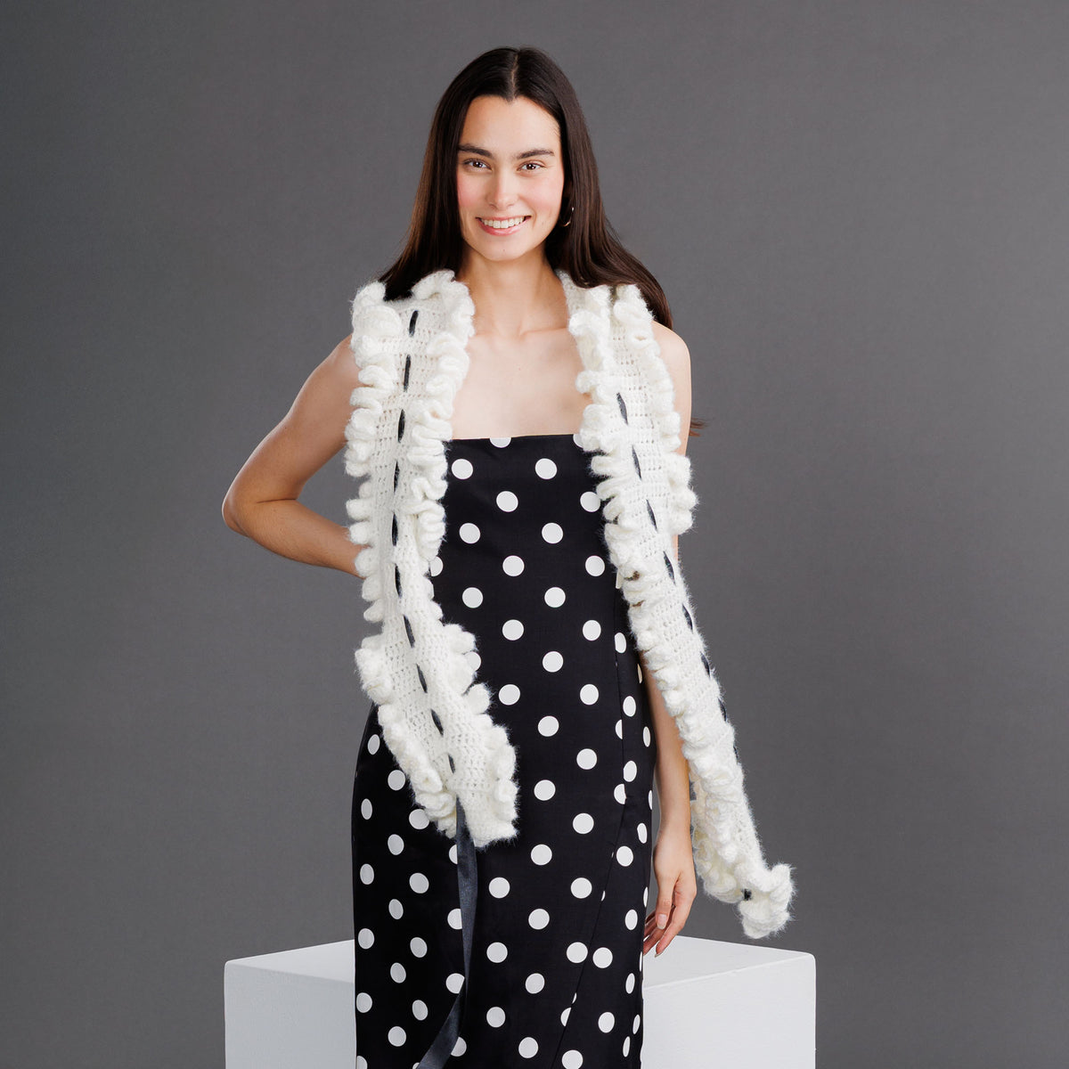 Ruffled Reverie Crochet Scarf made using Caron yarn