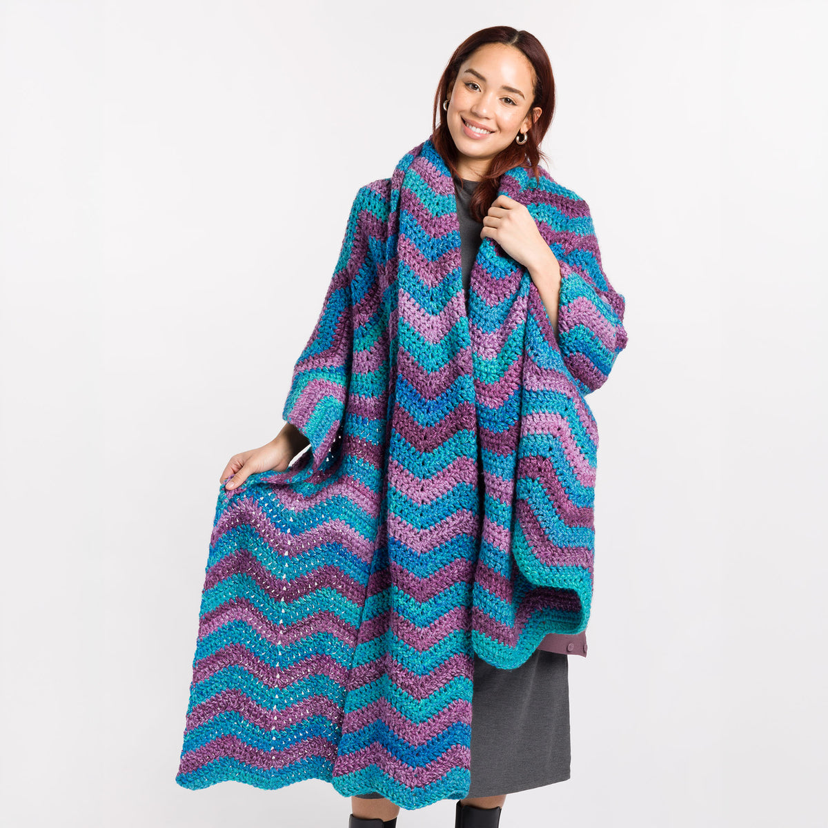 Wrap Me In Ripples Crochet Wrap made using Caron yarn