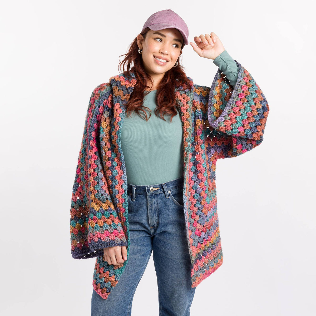 Crochet Hooded Hexi Cardigan made using Caron yarn
