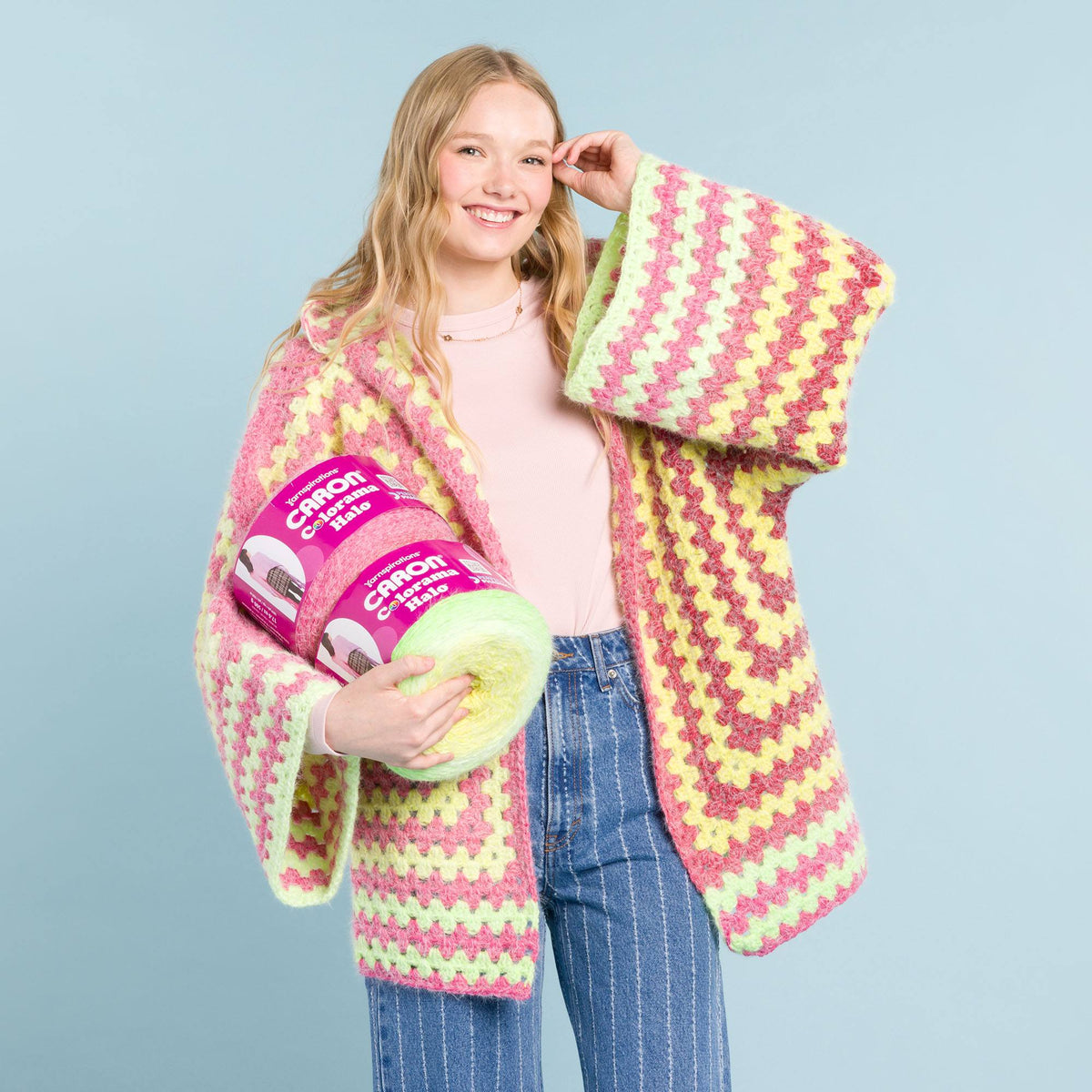 Hexi Stripes Crochet Hooded Cardigan made using Caron yarn