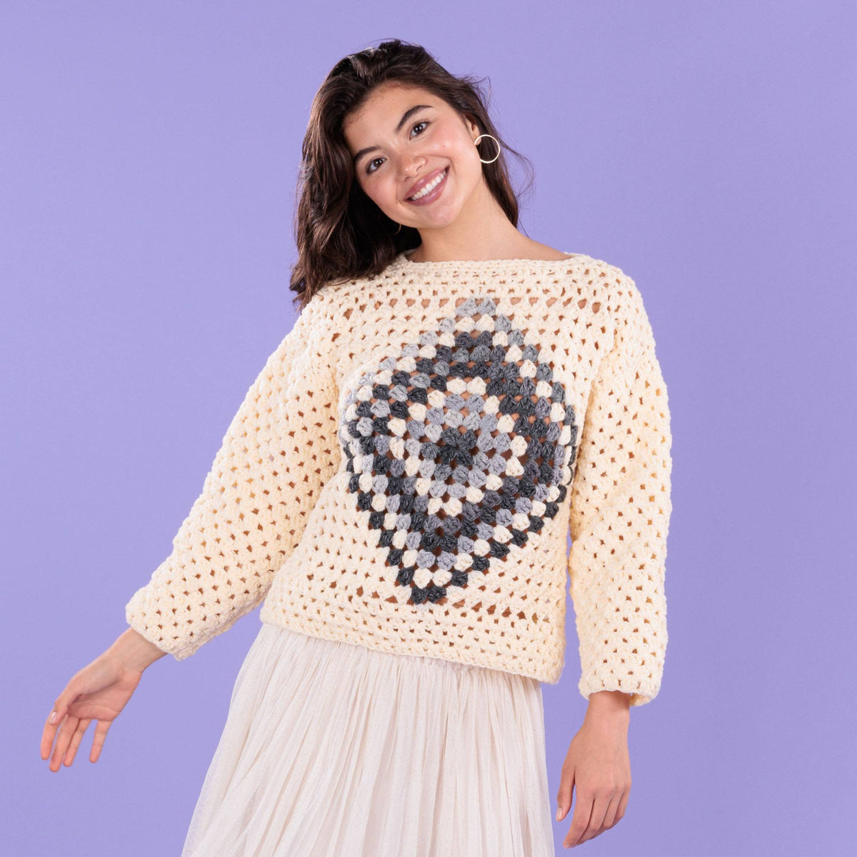Crochet Granny Square Sweater made using Caron yarn