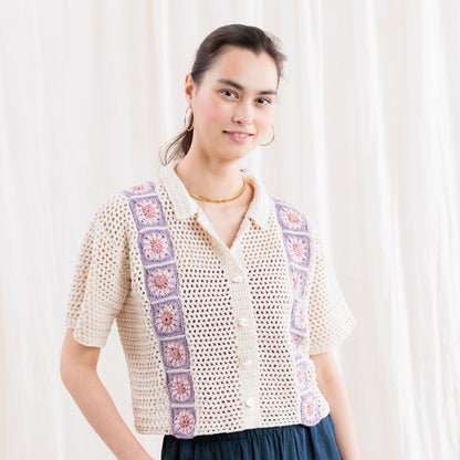 Caron Crochet Cabana Shirt with detail Crochet Cabana Shirt With Detail made using Caron yarn in a styled lifestyle setting