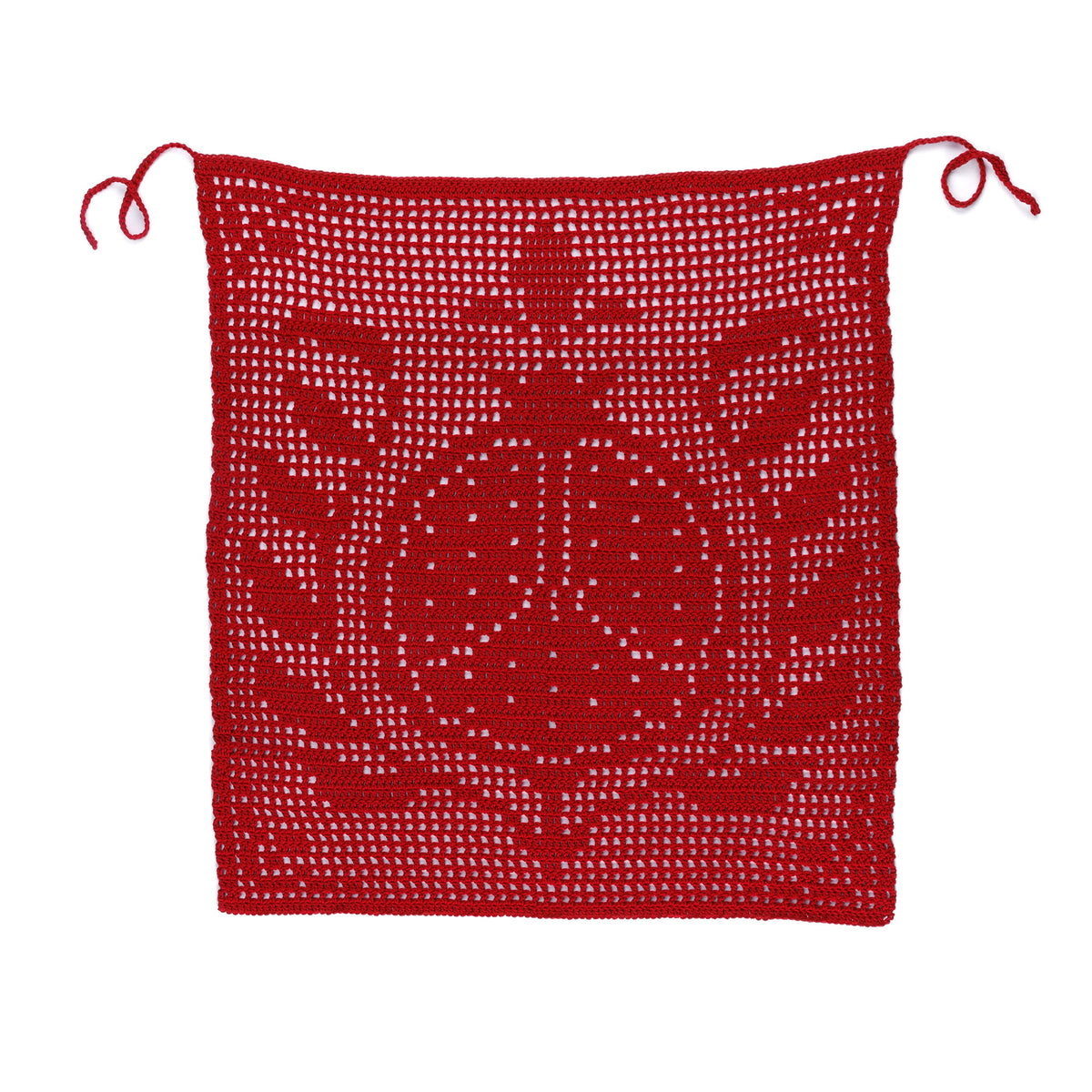 Filet Crochet Pomegranate Apron made using Caron yarn on a white background