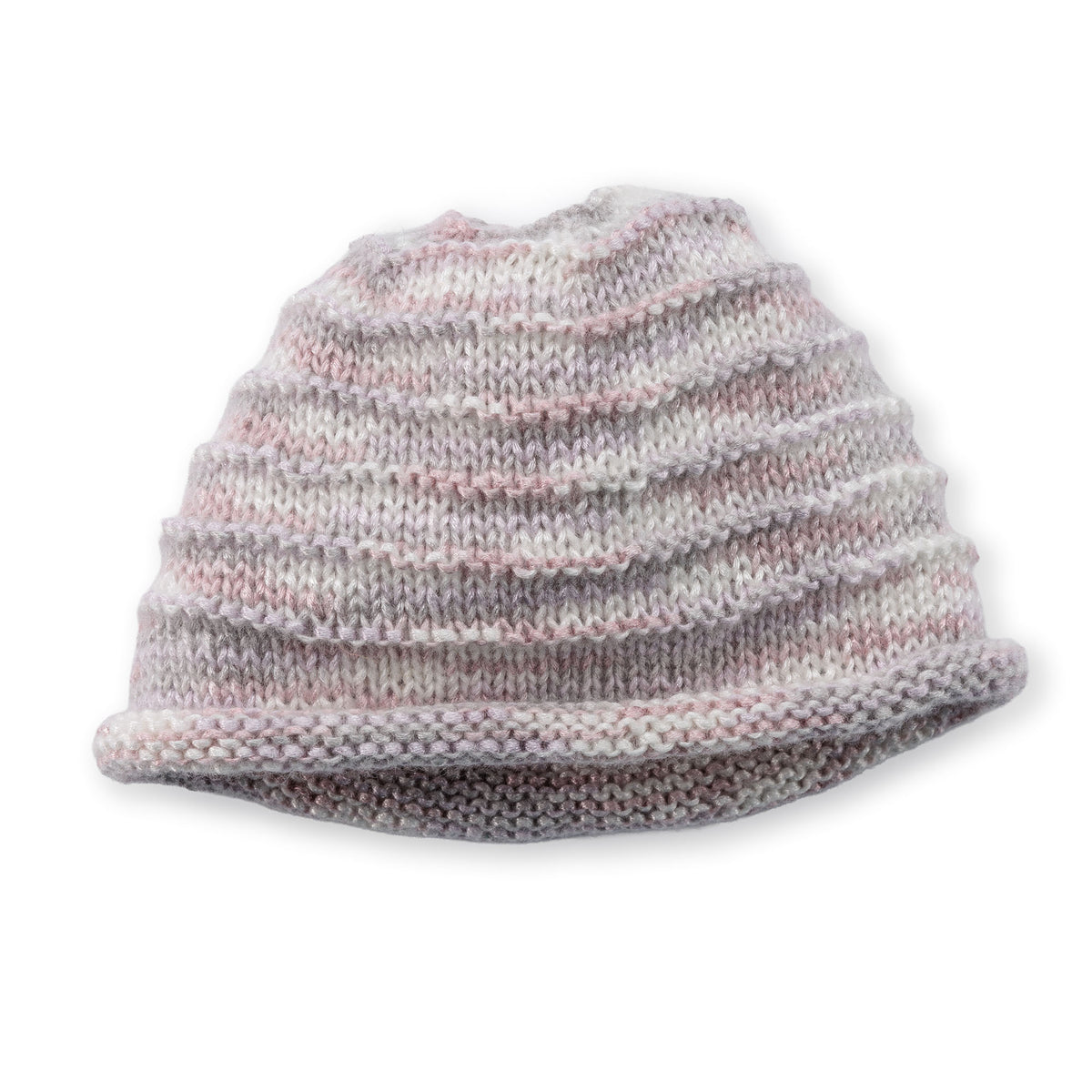 Garter Ridges Minimalist Knit Beanie made using Caron yarn on a white background