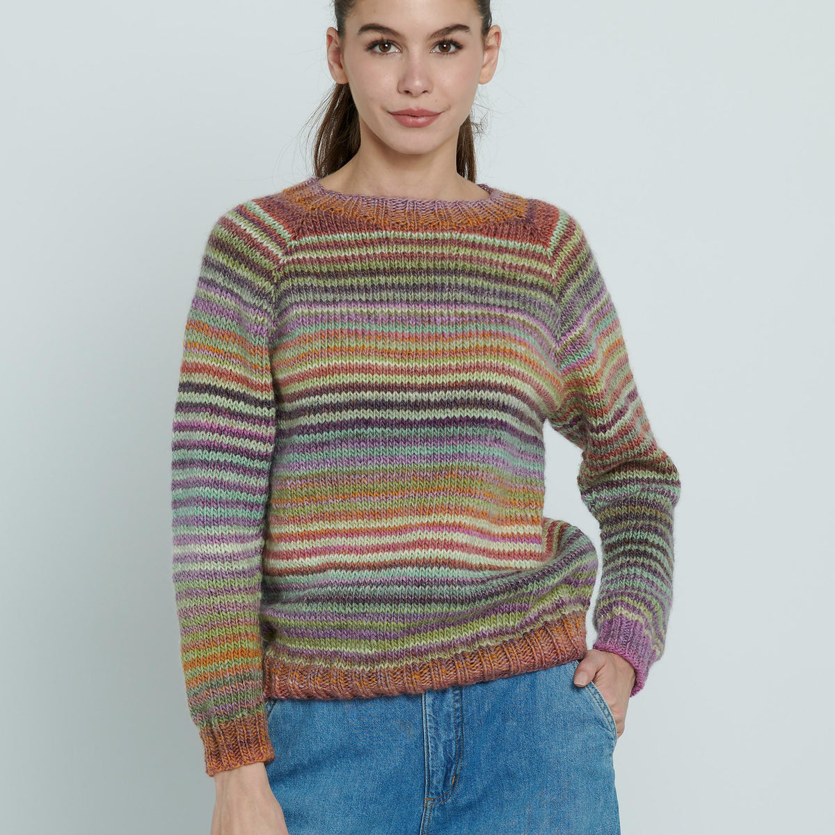 Knit Striped Top Down Sweater made using Caron yarn