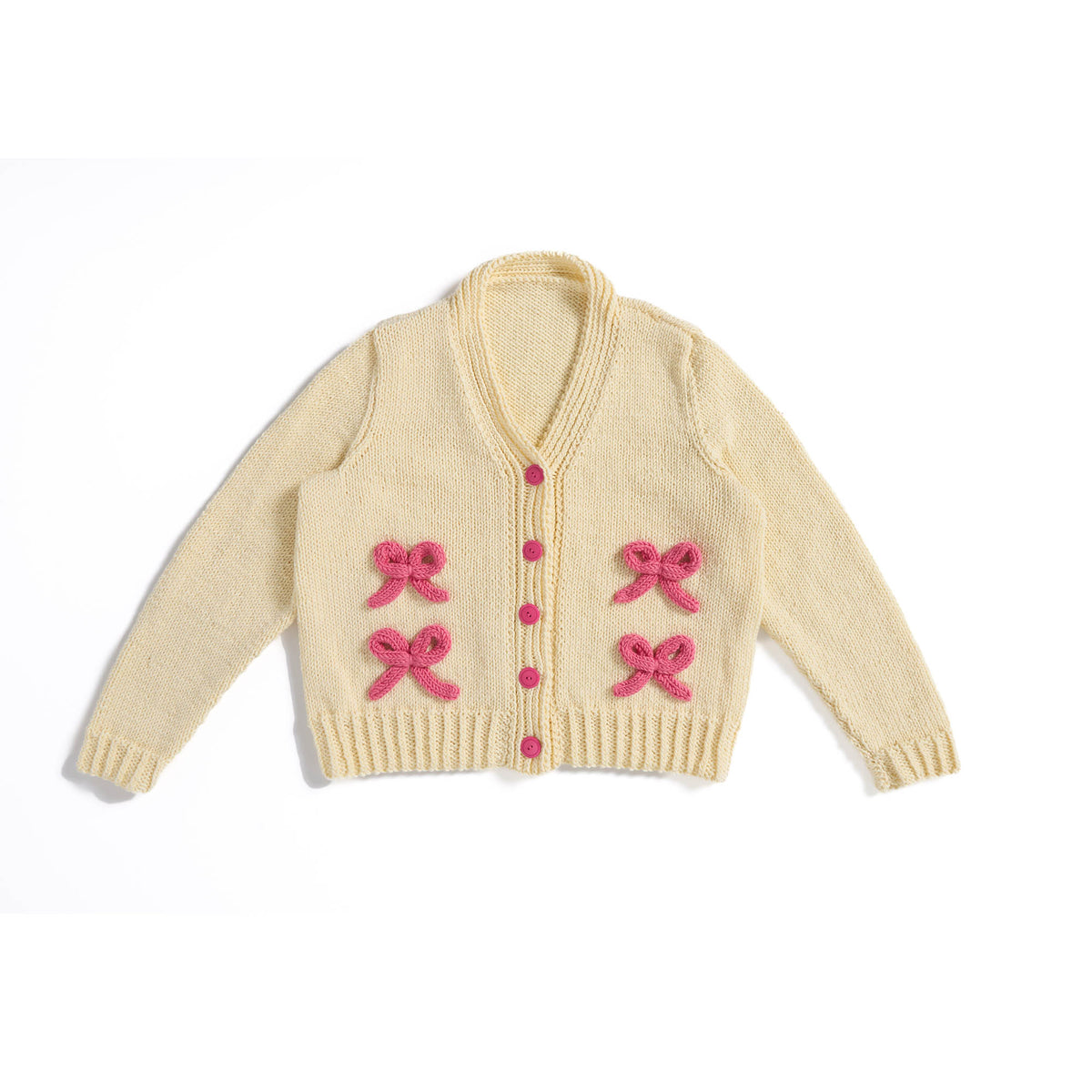 Bows On The Go Cardigan made using Caron yarn