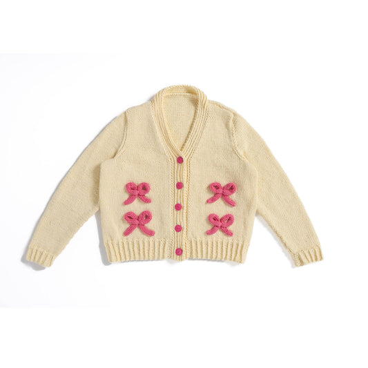 Bows On The Go Cardigan made using Caron yarn