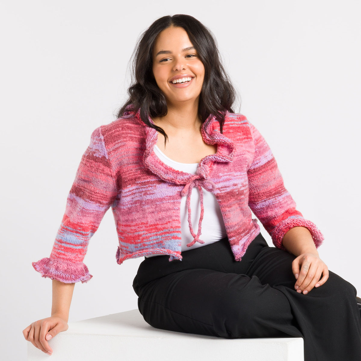 Knit Ruffle Tie-Front Cardigan made using Caron yarn