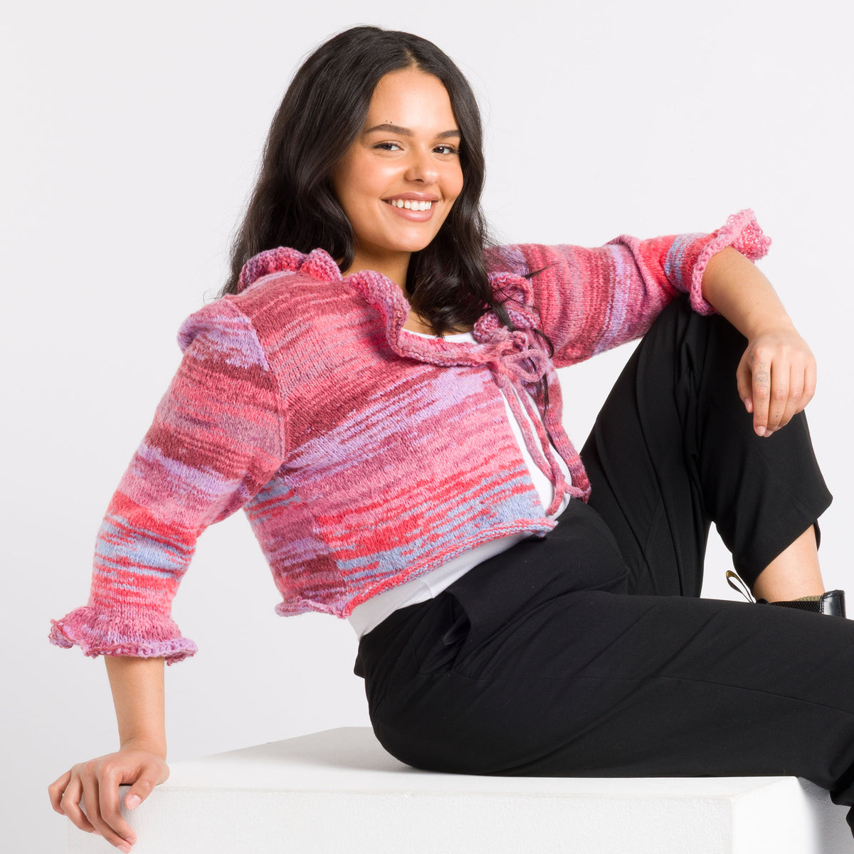 Knit Ruffle Tie-Front Cardigan made using Caron yarn