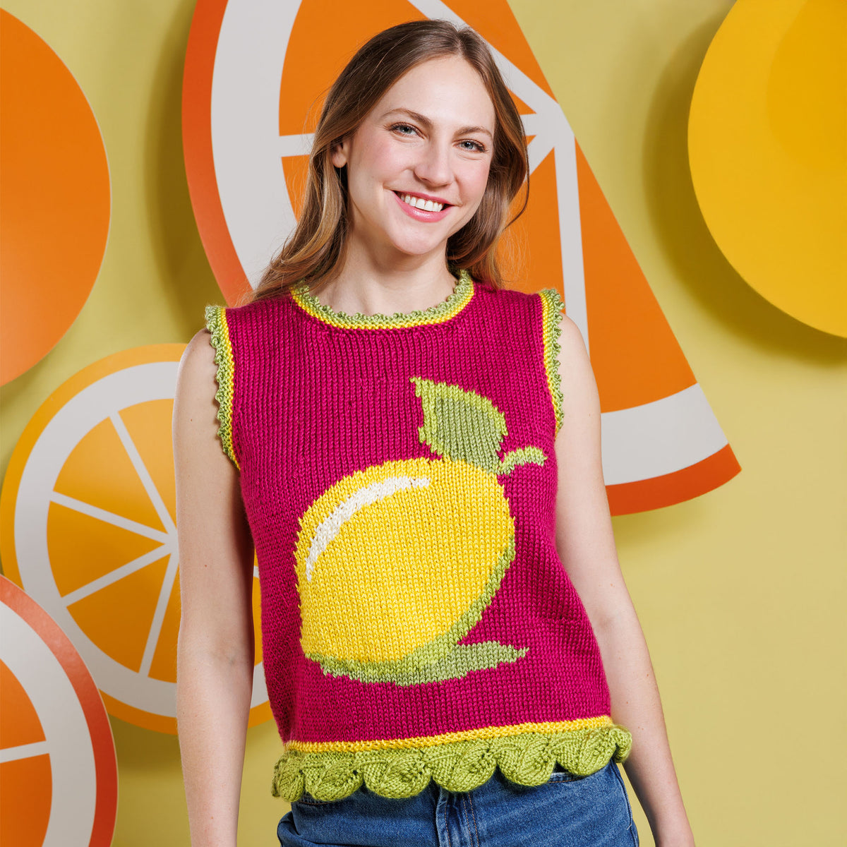 Knit Lemon-Y Vest made using Caron yarn