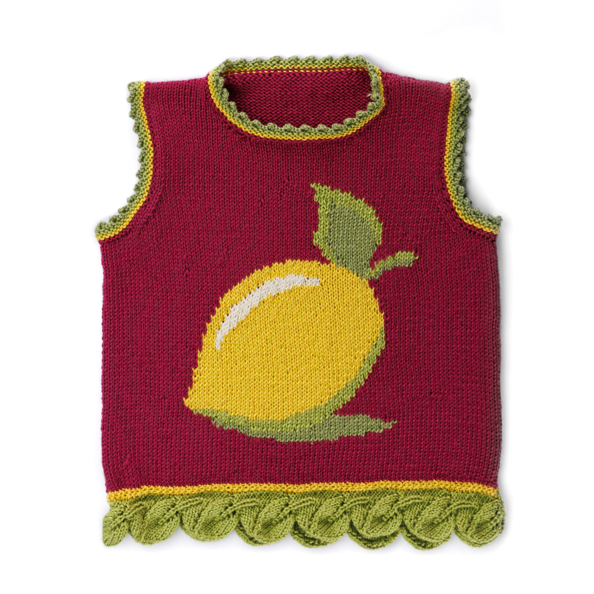 Knit Lemon-Y Vest made using Caron yarn