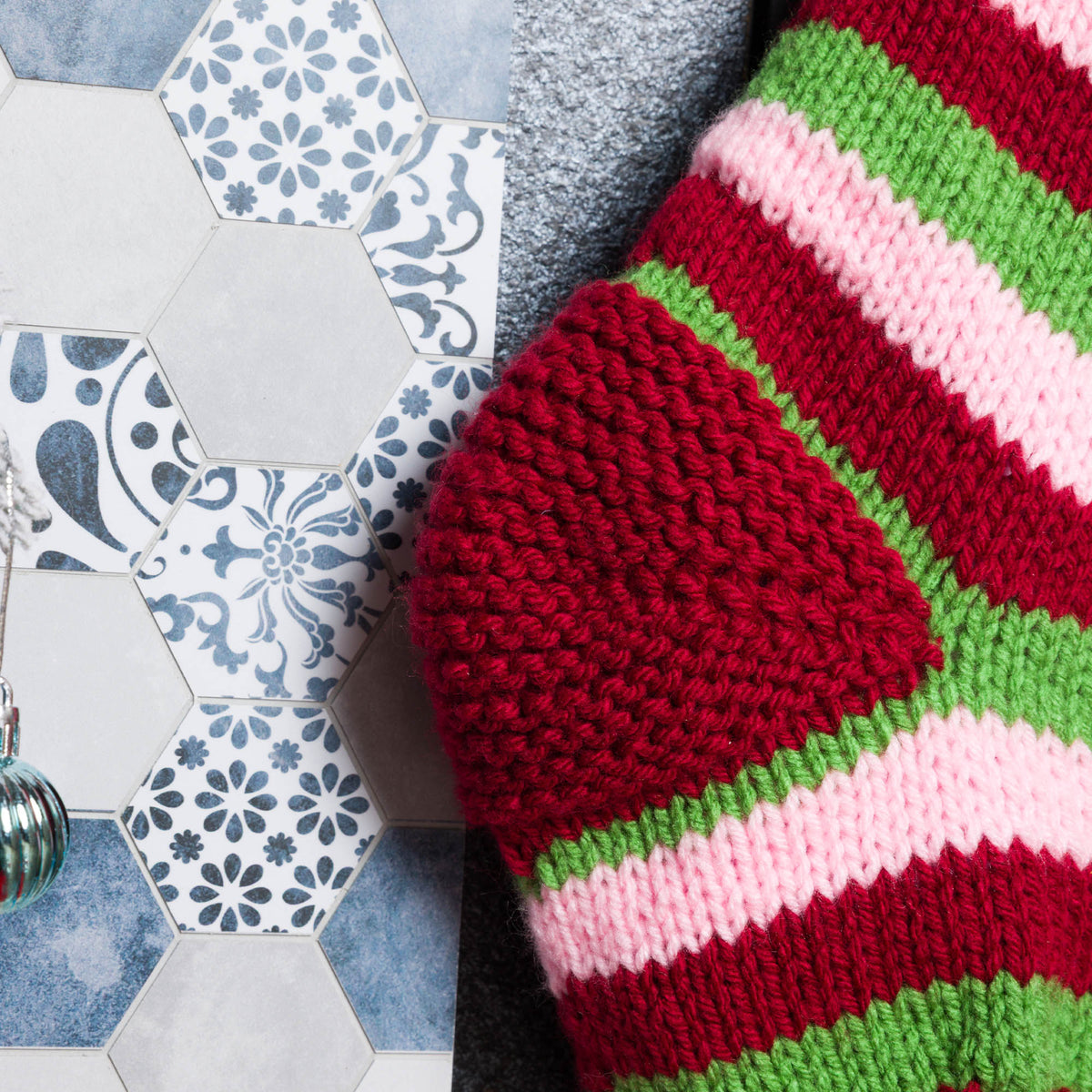Knit Meowy Christmas Stocking made using Caron yarn