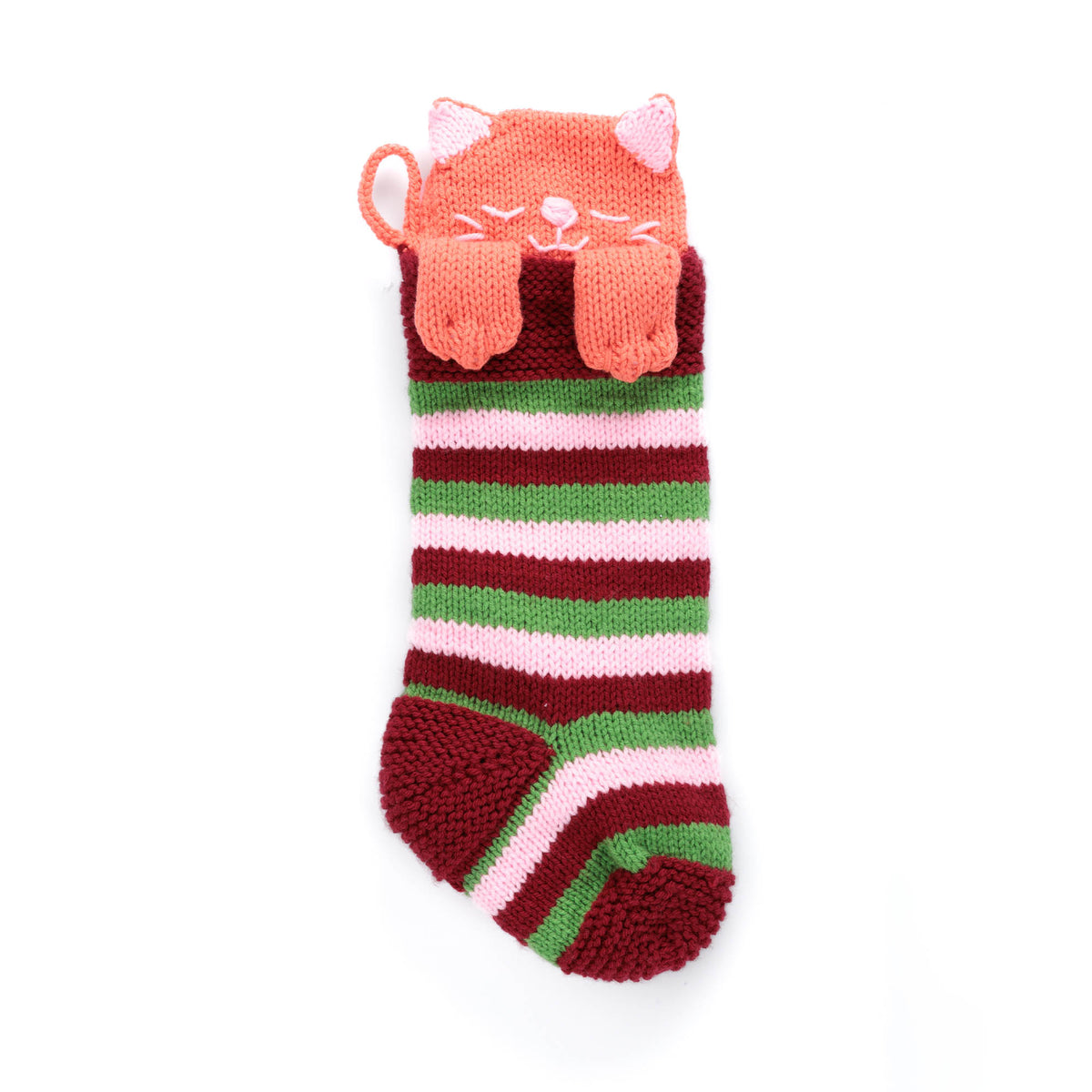 Knit Meowy Christmas Stocking made using Caron yarn