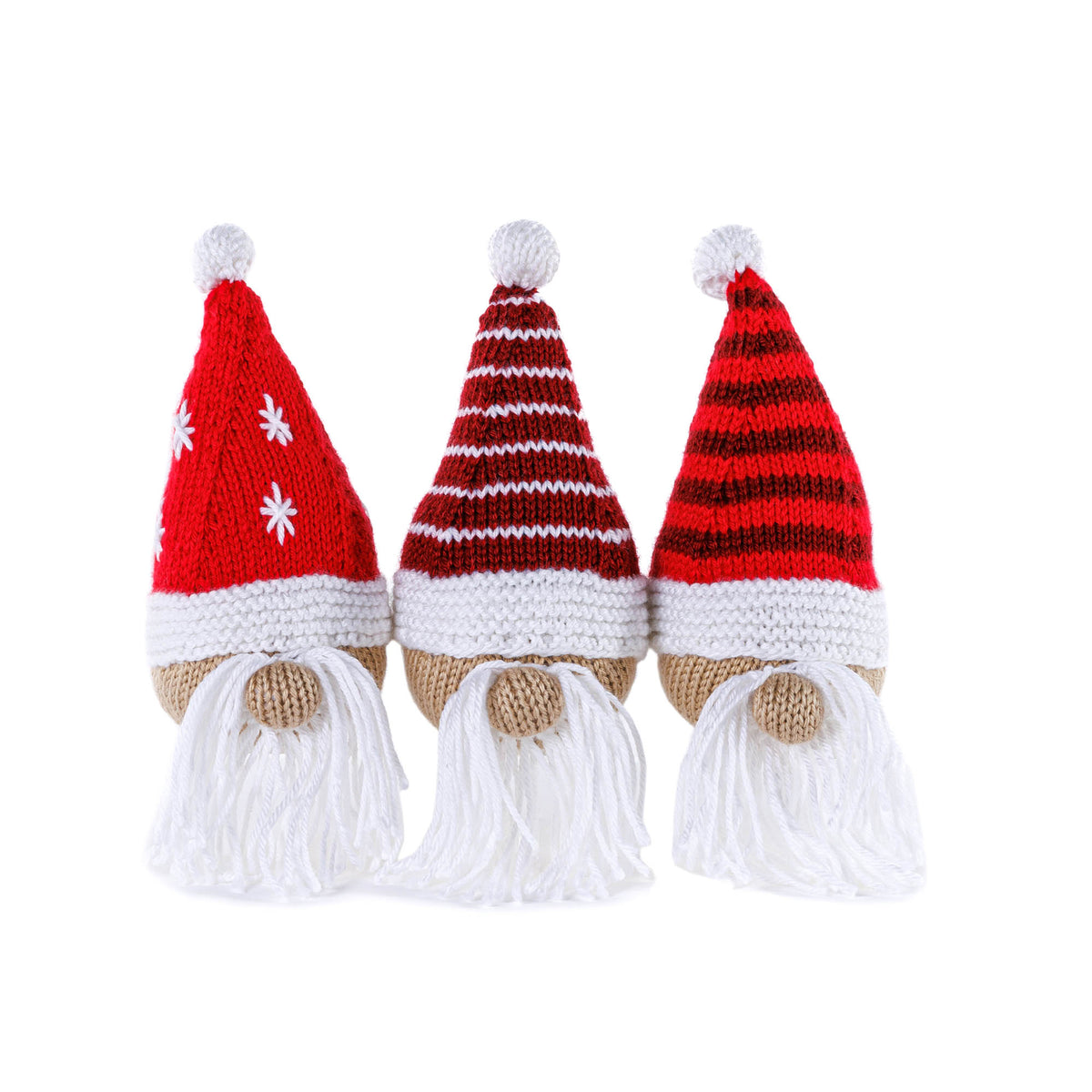 Knit Trio Of Marching Gnomes made using Caron yarn