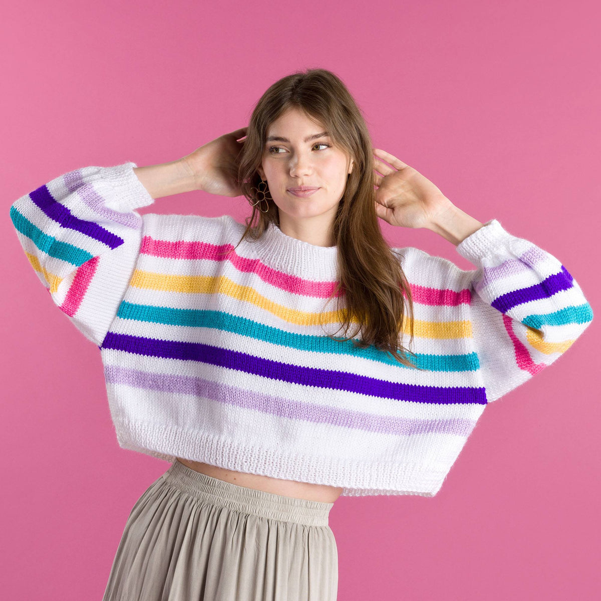 Dropped & Cropped Knit Pullover made using Caron yarn
