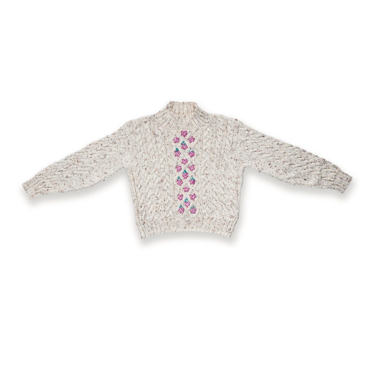Floral Medallions Knit Pullover made using Caron yarn on a white background