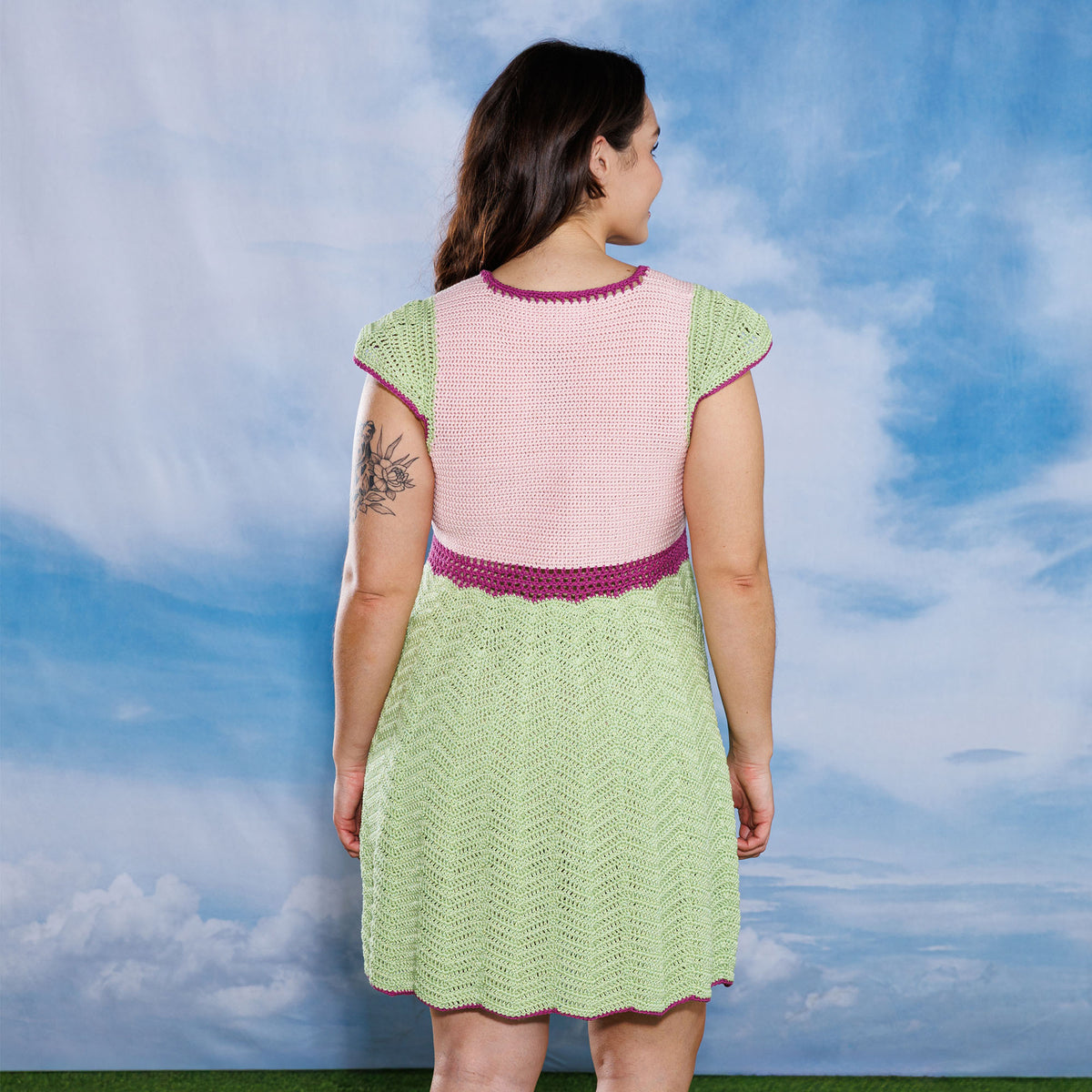 Crochet Color Block Babydoll Dress made using Patons yarn