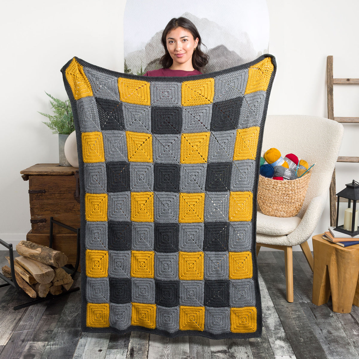 Cabin Plaid Crochet Blanket made using Patons yarn