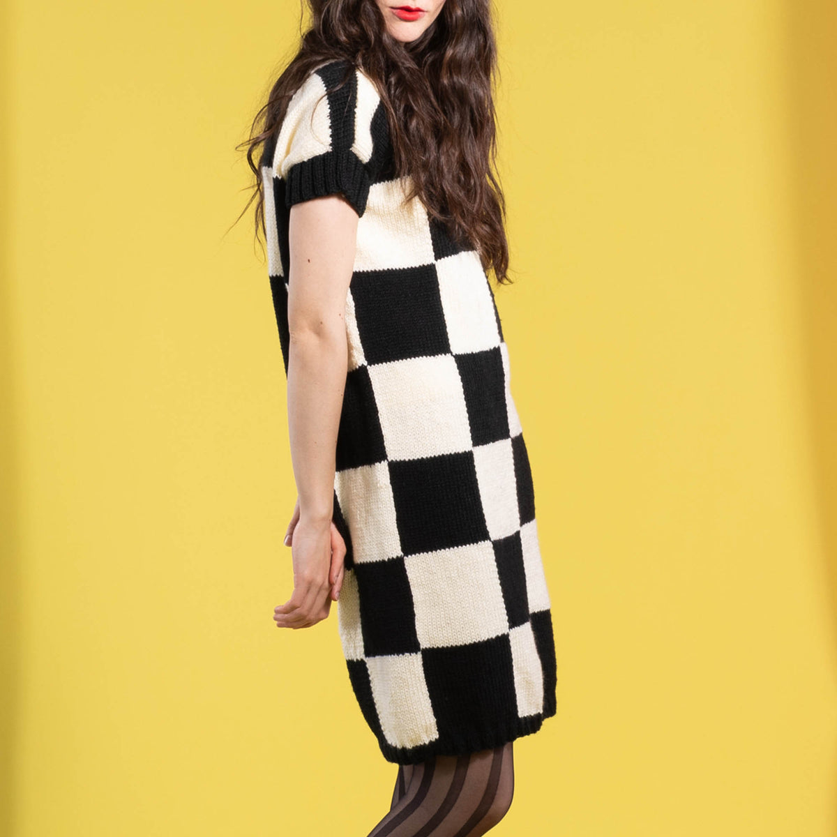 Checkmate Knit Dress made using Patons yarn